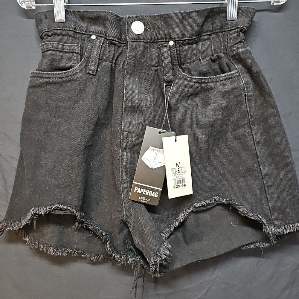 Refuge Paperbag High-Waisted Denim Shorts washed black/charcoal grey Size M